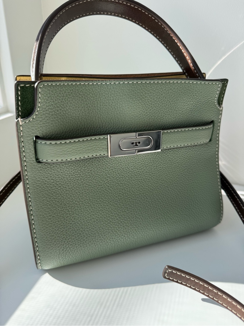 Tory Burch green pebbled leather petite Lee Radziwill double bag